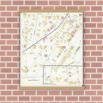 Old map wall art mockup — magnetic wood frame on brick wall — Sanborn Fire Insurance Map from Tiffin, Seneca County, Ohio (1908), Sheet #0010