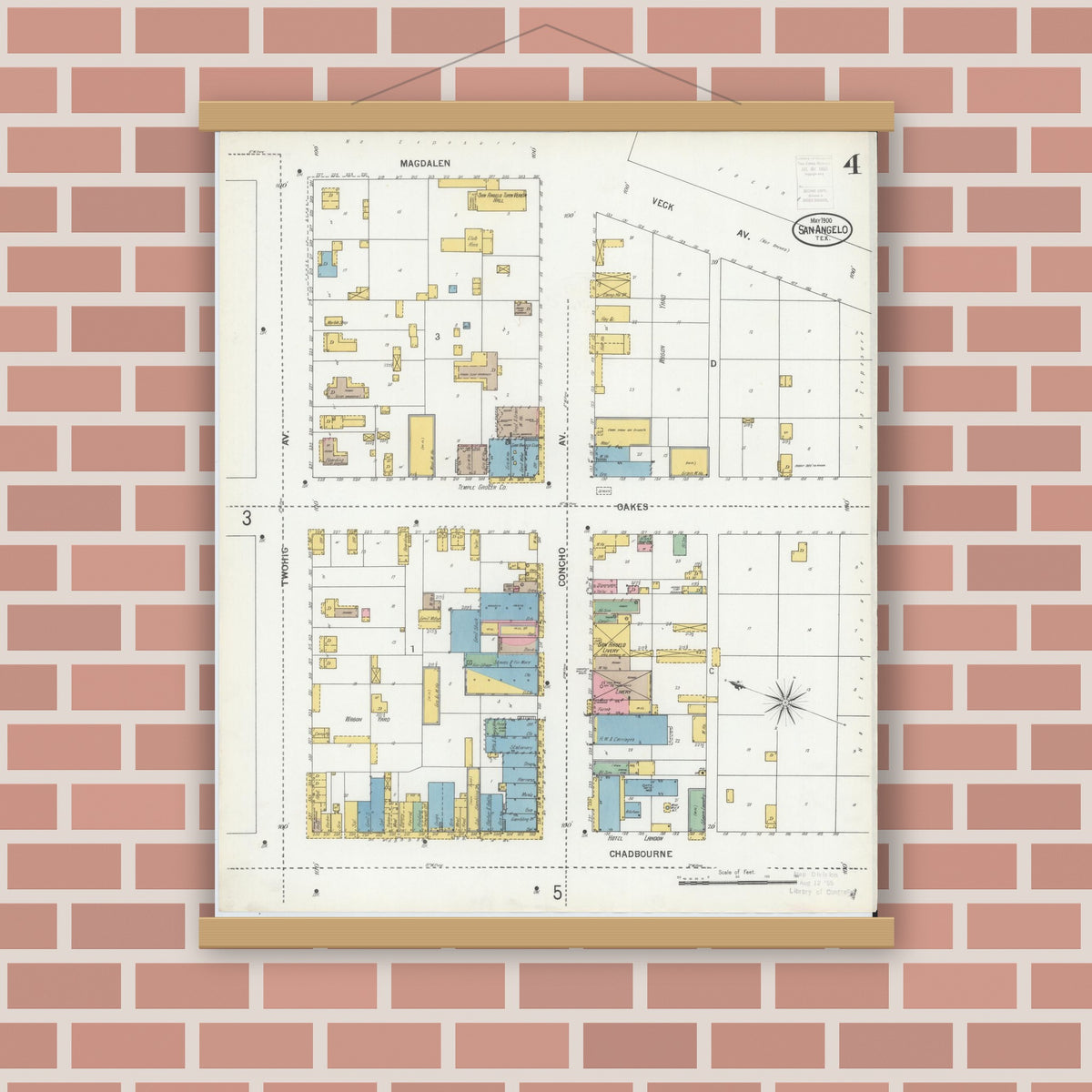 Old map wall art mockup — magnetic wood frame on brick wall — Sanborn Fire Insurance Map from San Angelo, Tom Green County, Texas (1900), Sheet #0004
