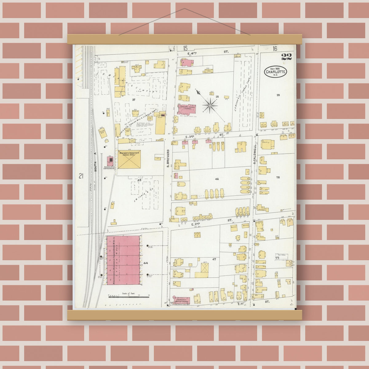 Old map wall art mockup — magnetic wood frame on brick wall — Sanborn Fire Insurance Map from Charlotte, Mecklenburg County, North Carolina (1905), Sheet #0022