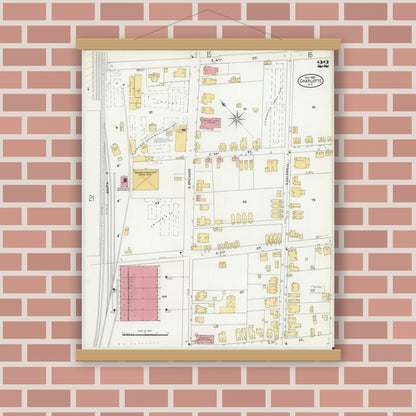 Old map wall art mockup — magnetic wood frame on brick wall — Sanborn Fire Insurance Map from Charlotte, Mecklenburg County, North Carolina (1905), Sheet #0022