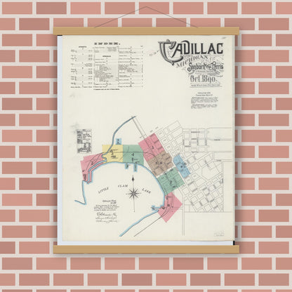 Old map wall art mockup — magnetic wood frame on brick wall — Sanborn Fire Insurance Map from Cadillac, Wexford County, Michigan (1890) - Complete Map Set
