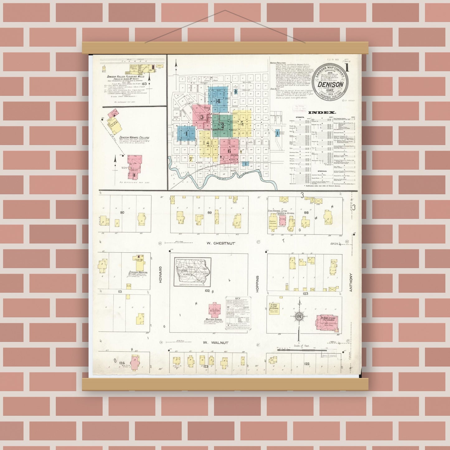 Old map wall art mockup — magnetic wood frame on brick wall — Sanborn Fire Insurance Map from Denison, Crawford County, Iowa (1913), Sheet #0001