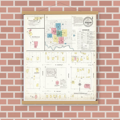 Old map wall art mockup — magnetic wood frame on brick wall — Sanborn Fire Insurance Map from Denison, Crawford County, Iowa (1913), Sheet #0001