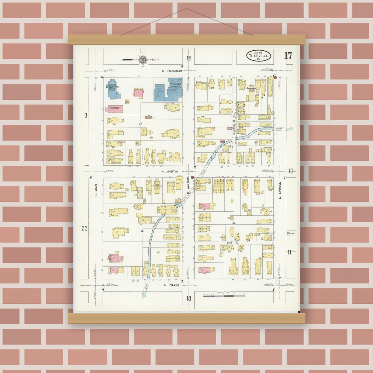 Old map wall art mockup — magnetic wood frame on brick wall — Sanborn Fire Insurance Map from Titusville, Crawford County, Pennsylvania (1912), Sheet #0017