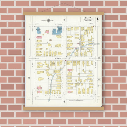 Old map wall art mockup — magnetic wood frame on brick wall — Sanborn Fire Insurance Map from Titusville, Crawford County, Pennsylvania (1912), Sheet #0017
