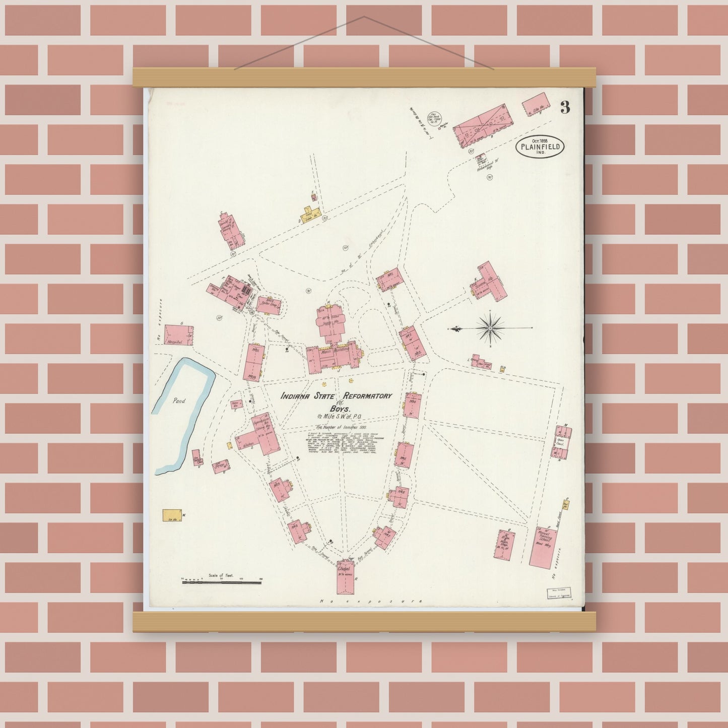 Old map wall art mockup — magnetic wood frame on brick wall — Sanborn Fire Insurance Map from Plainfield, Hendricks County, Indiana (1898), Sheet #0003