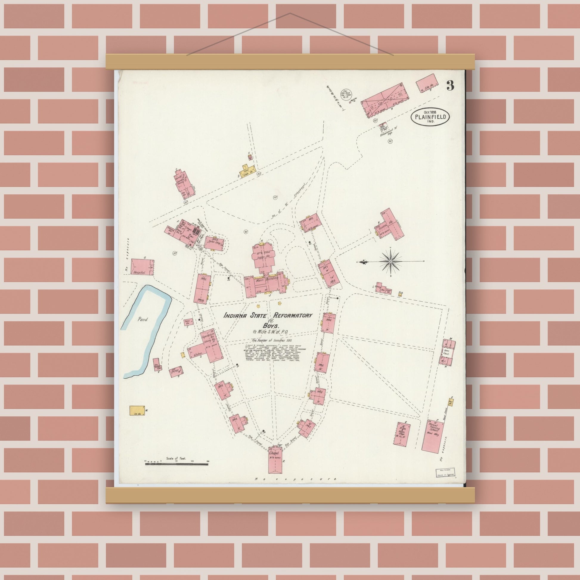 Old map wall art mockup — magnetic wood frame on brick wall — Sanborn Fire Insurance Map from Plainfield, Hendricks County, Indiana (1898), Sheet #0003
