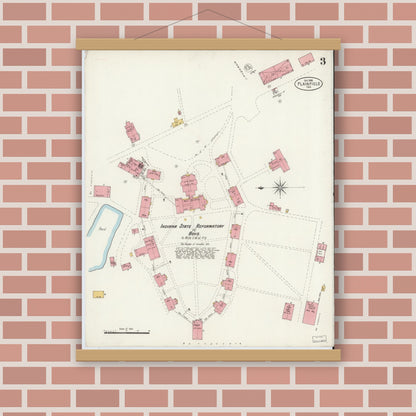 Old map wall art mockup — magnetic wood frame on brick wall — Sanborn Fire Insurance Map from Plainfield, Hendricks County, Indiana (1898), Sheet #0003