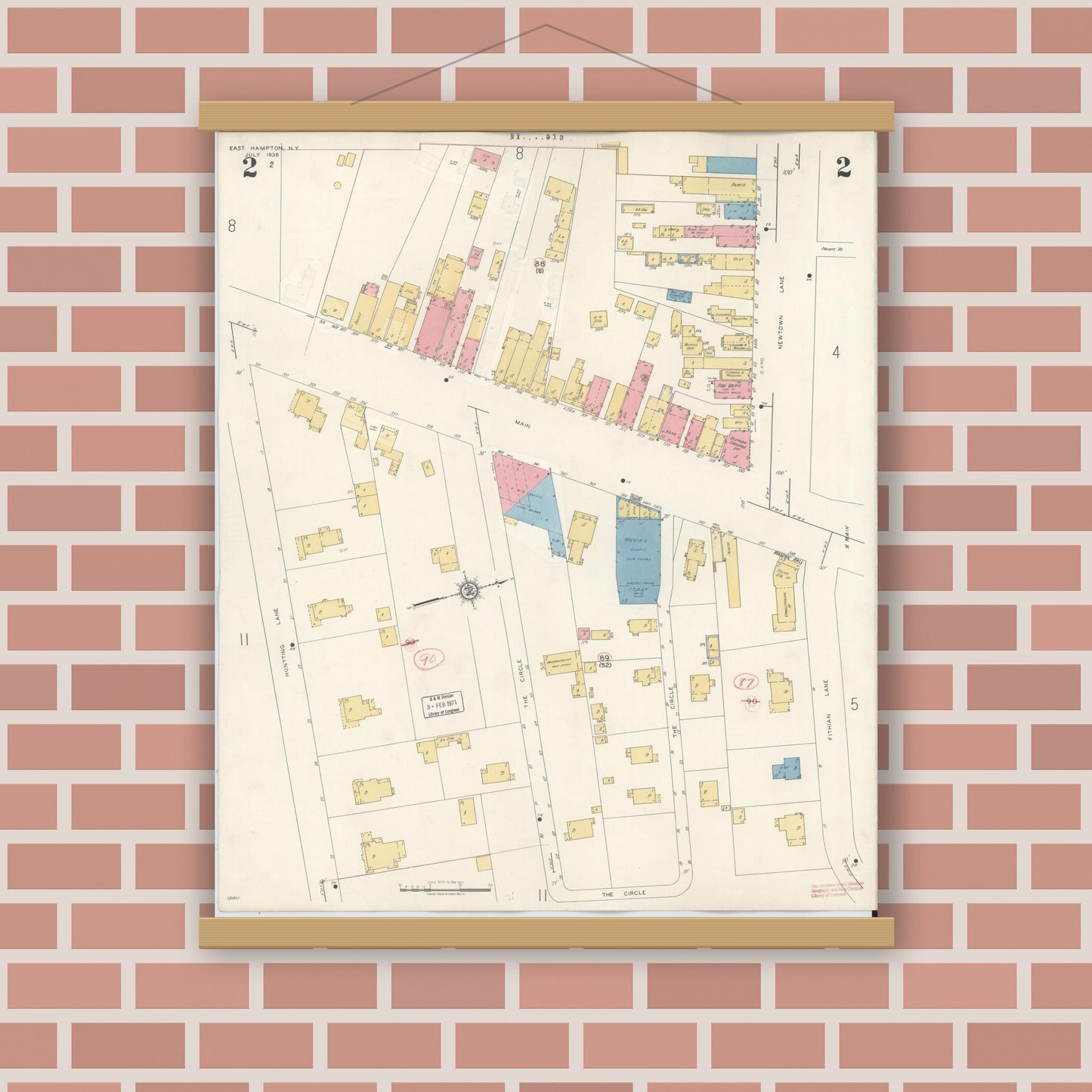 Old map wall art mockup — magnetic wood frame on brick wall — Sanborn Fire Insurance Map from Easthampton, Suffolk County, New York (1943), Sheet #0002