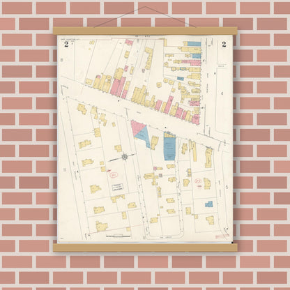 Old map wall art mockup — magnetic wood frame on brick wall — Sanborn Fire Insurance Map from Easthampton, Suffolk County, New York (1943), Sheet #0002