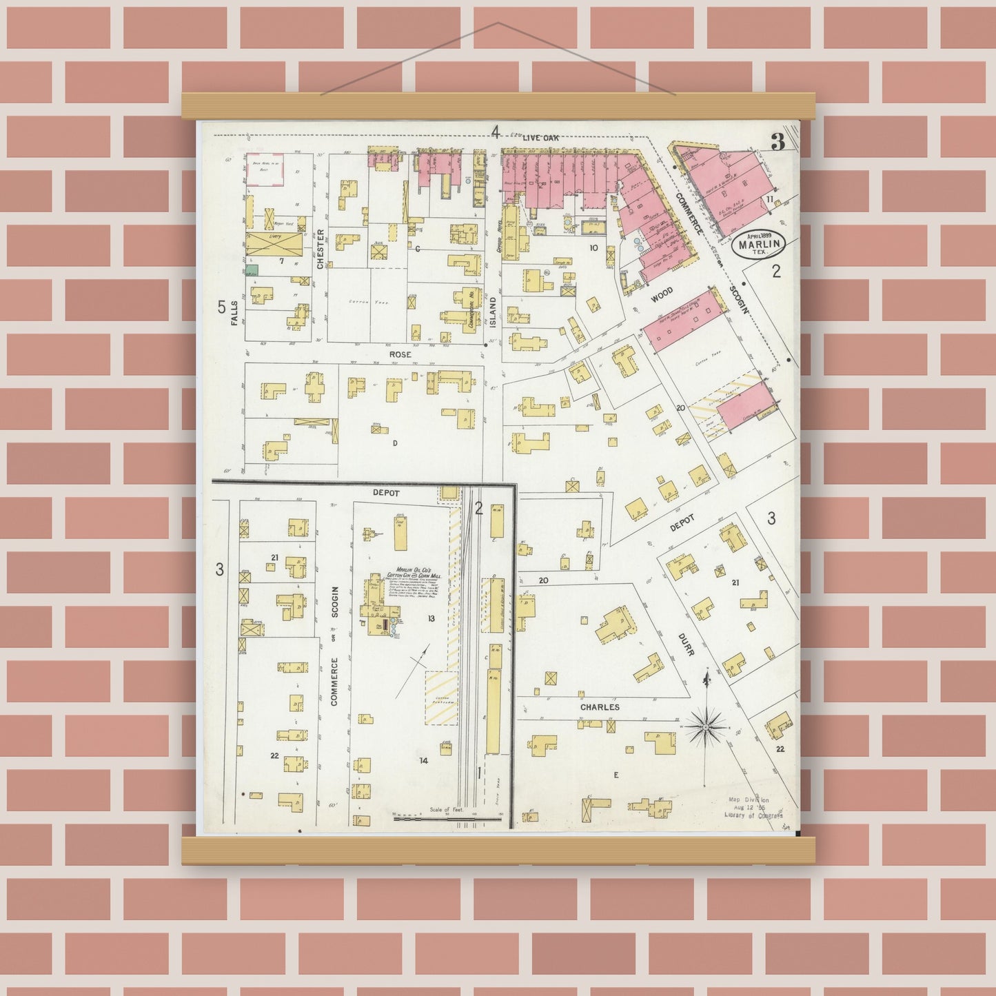 Old map wall art mockup — magnetic wood frame on brick wall — Sanborn Fire Insurance Map from Marlin, Falls County, Texas (1899), Sheet #0003