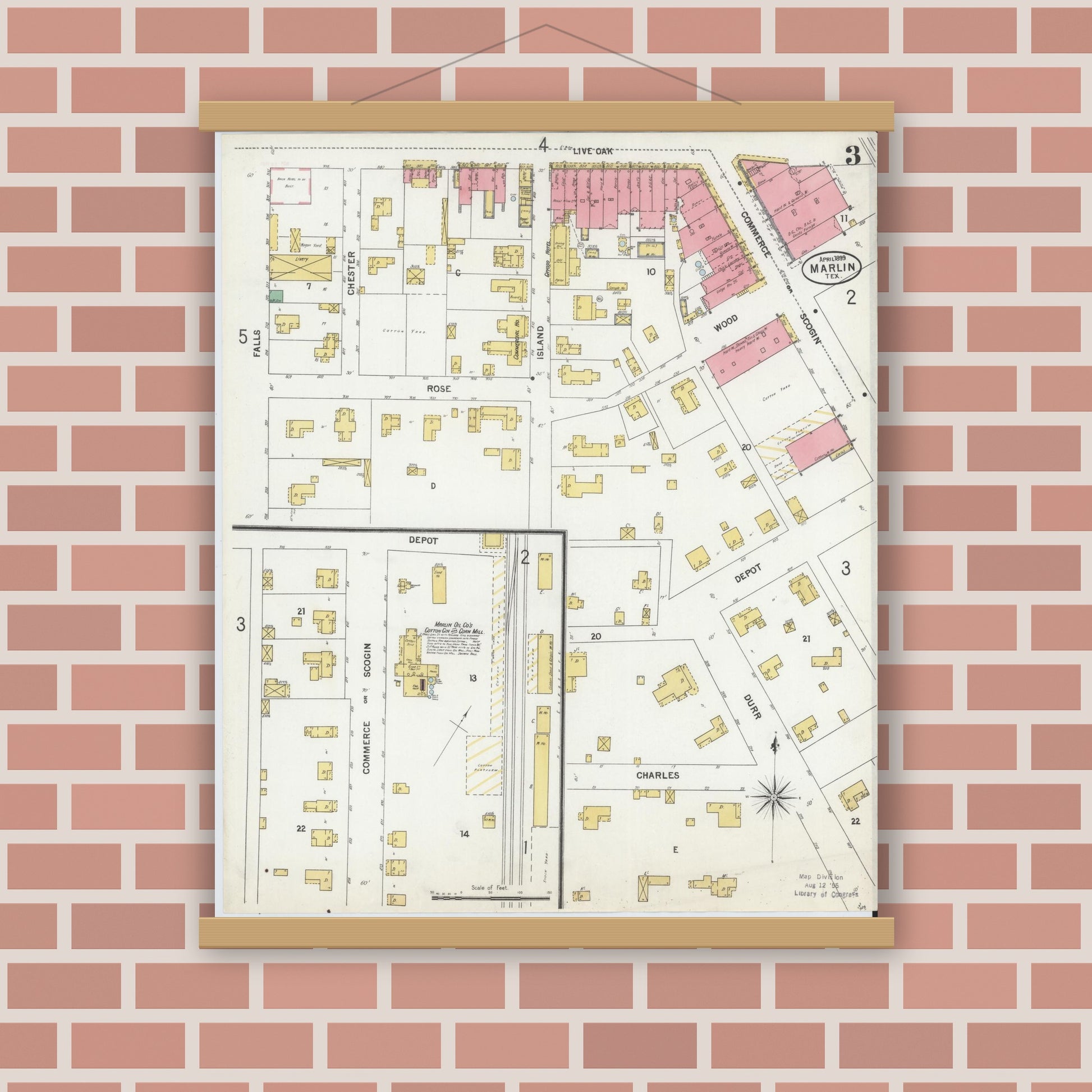 Old map wall art mockup — magnetic wood frame on brick wall — Sanborn Fire Insurance Map from Marlin, Falls County, Texas (1899), Sheet #0003