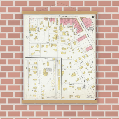 Old map wall art mockup — magnetic wood frame on brick wall — Sanborn Fire Insurance Map from Marlin, Falls County, Texas (1899), Sheet #0003