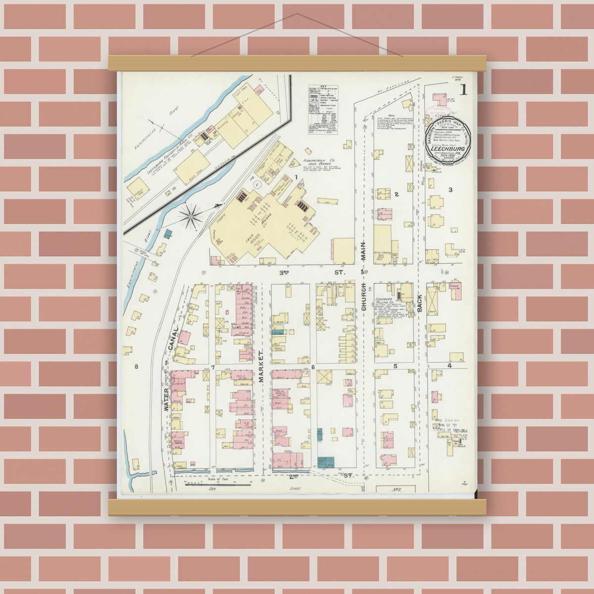 Old map wall art mockup — magnetic wood frame on brick wall — Sanborn Fire Insurance Map from Leechburg, Armstrong County, Pennsylvania (1891) - Complete Map Set