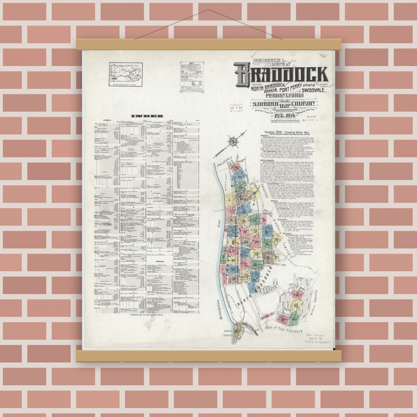Old map wall art mockup — magnetic wood frame on brick wall — Sanborn Fire Insurance Map from Braddock, Allegheny County, Pennsylvania (1914) - Complete Map Set