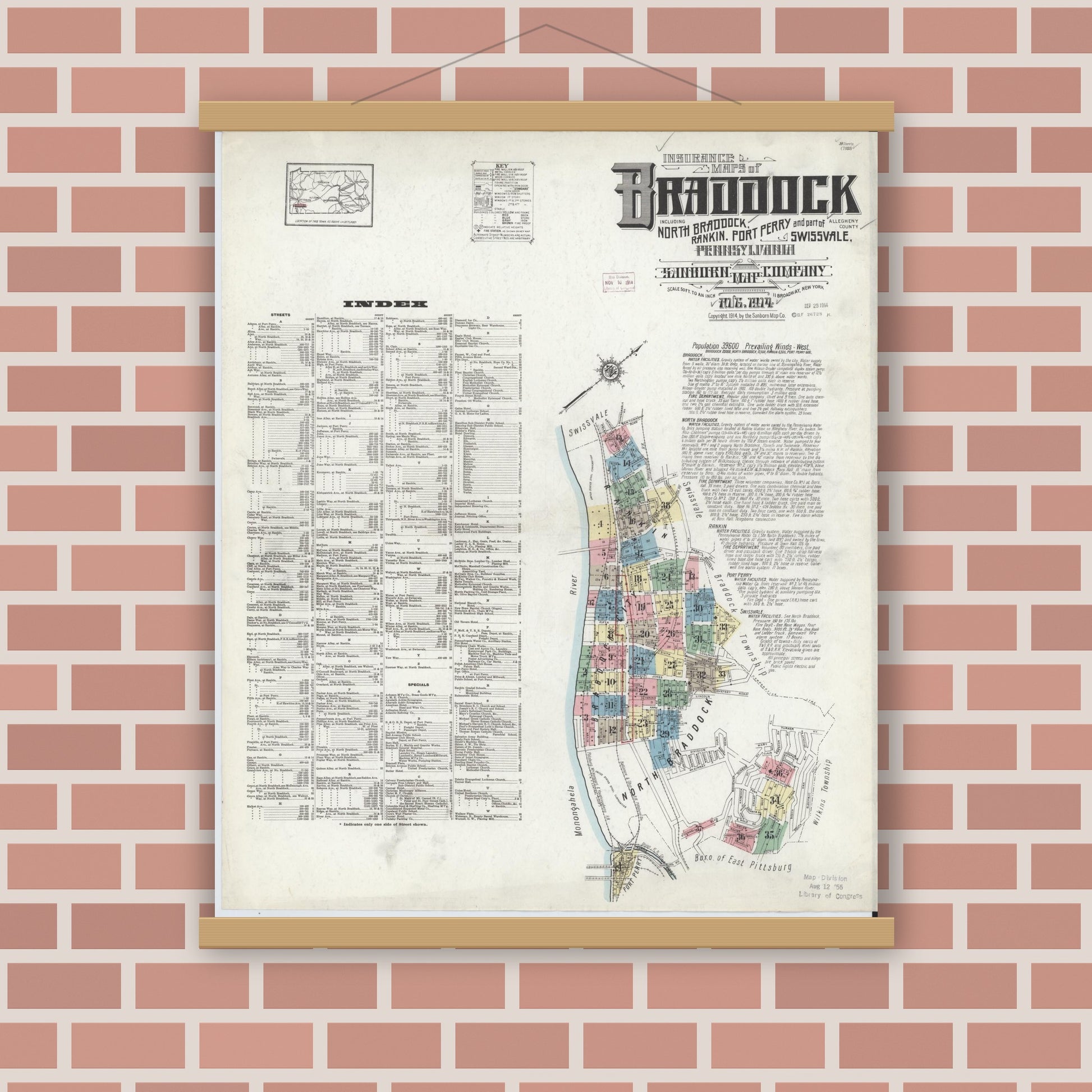 Old map wall art mockup — magnetic wood frame on brick wall — Sanborn Fire Insurance Map from Braddock, Allegheny County, Pennsylvania (1914) - Complete Map Set
