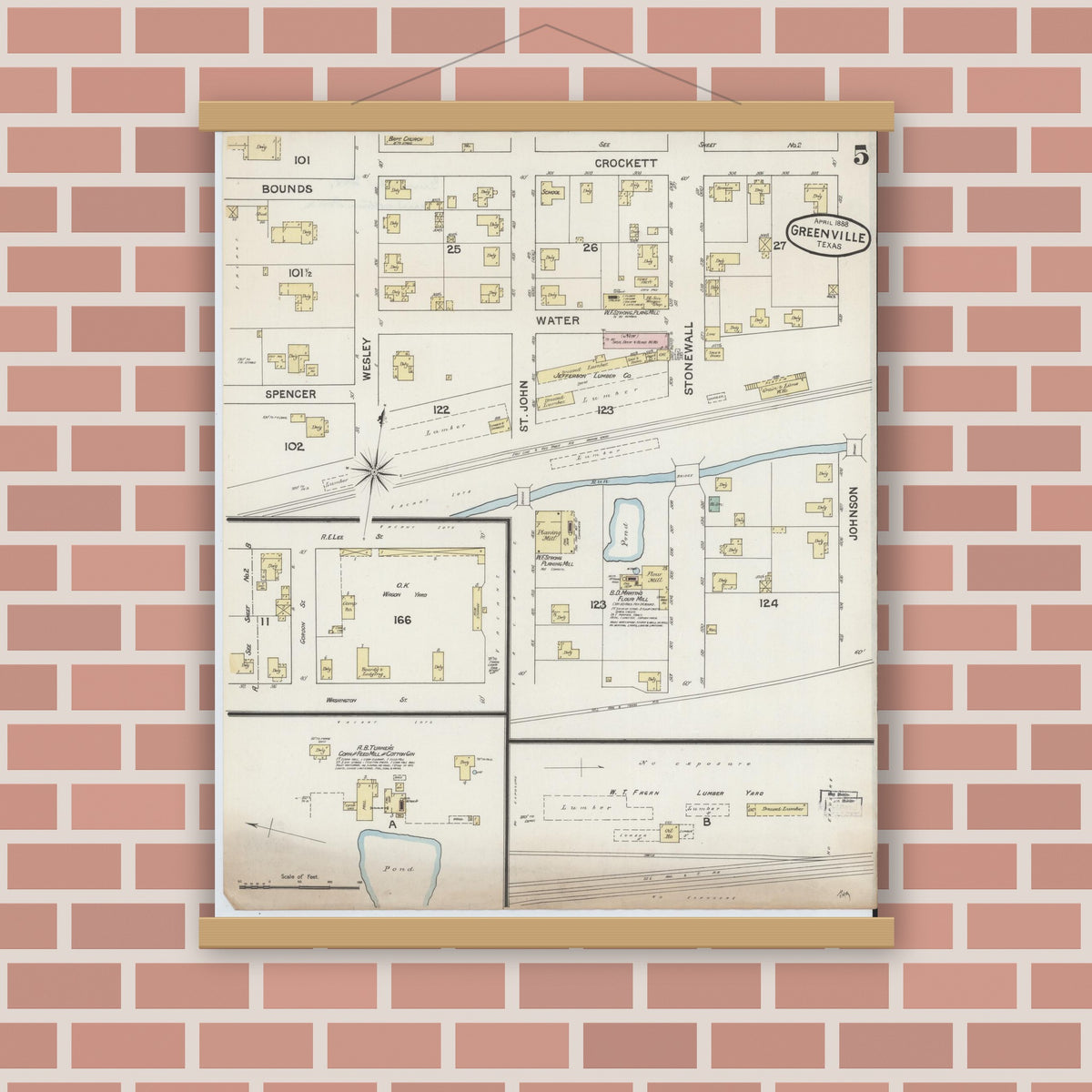 Old map wall art mockup — magnetic wood frame on brick wall — Sanborn Fire Insurance Map from Greenville, Hunt County, Texas (1888), Sheet #0005