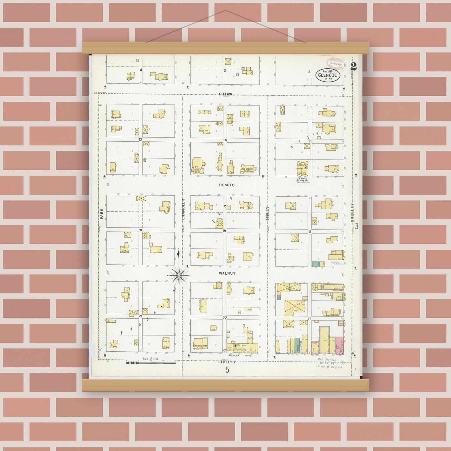 Old map wall art mockup — magnetic wood frame on brick wall — Sanborn Fire Insurance Map from Glencoe, Mcleod County, Minnesota (1899), Sheet #0002