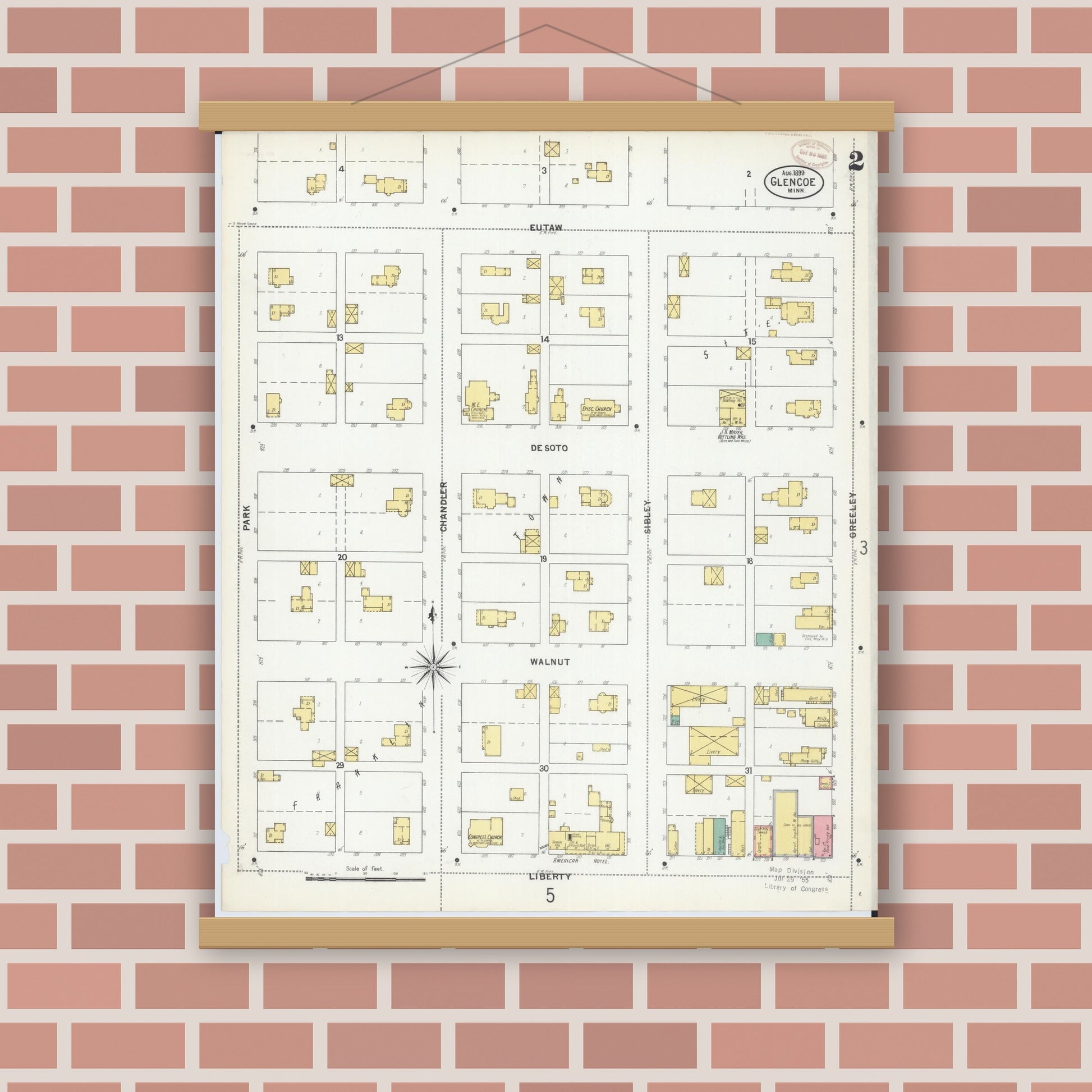 Old map wall art mockup — magnetic wood frame on brick wall — Sanborn Fire Insurance Map from Glencoe, Mcleod County, Minnesota (1899), Sheet #0002