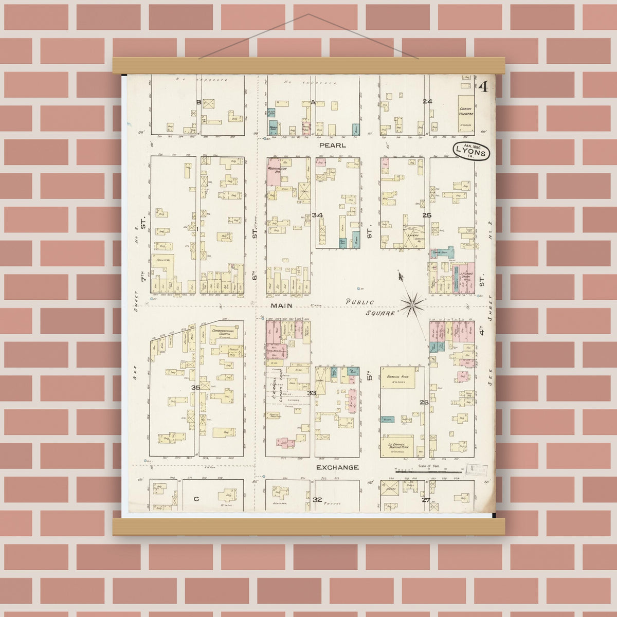 Old map wall art mockup — magnetic wood frame on brick wall — Sanborn Fire Insurance Map from Lyons, Clinton County, Iowa (1886), Sheet #0004