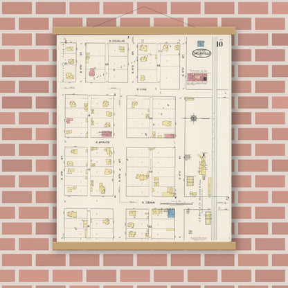 Old map wall art mockup — magnetic wood frame on brick wall — Sanborn Fire Insurance Map from Shelbyville, Shelby County, Illinois (1922), Sheet #0010