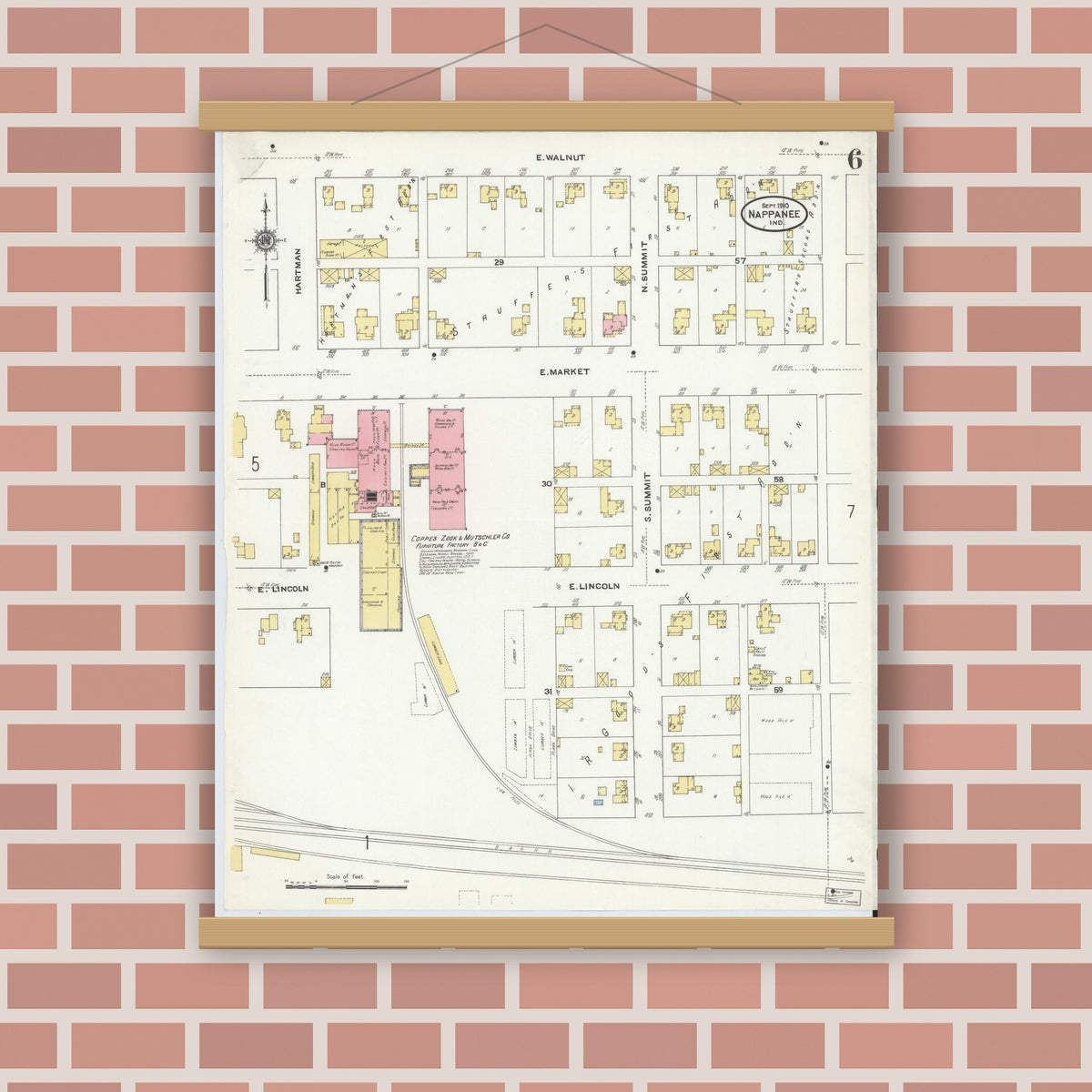 Old map wall art mockup — magnetic wood frame on brick wall — Sanborn Fire Insurance Map from Nappanee, Elkhart County, Indiana (1910), Sheet #0006