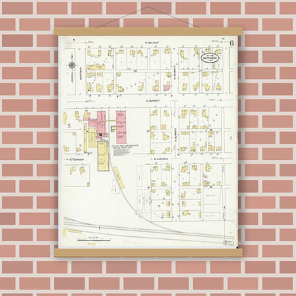 Old map wall art mockup — magnetic wood frame on brick wall — Sanborn Fire Insurance Map from Nappanee, Elkhart County, Indiana (1910), Sheet #0006