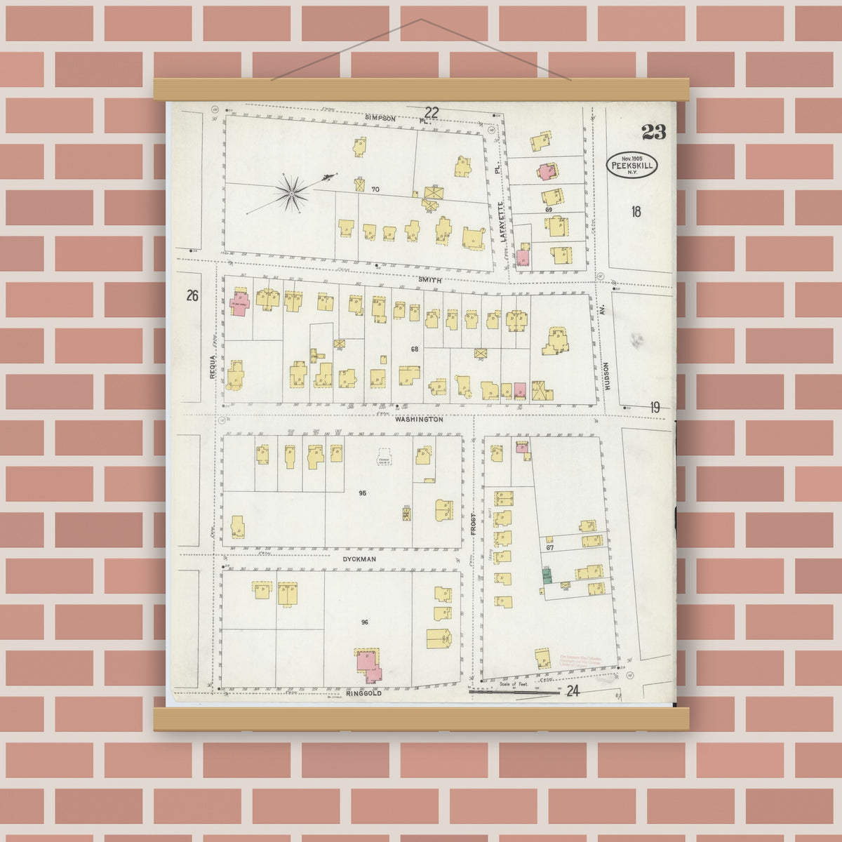 Old map wall art mockup — magnetic wood frame on brick wall — Sanborn Fire Insurance Map from Peekskill, Westchester County, New York (1905), Sheet #0023