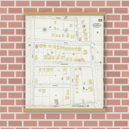 Old map wall art mockup — magnetic wood frame on brick wall — Sanborn Fire Insurance Map from Peekskill, Westchester County, New York (1905), Sheet #0023