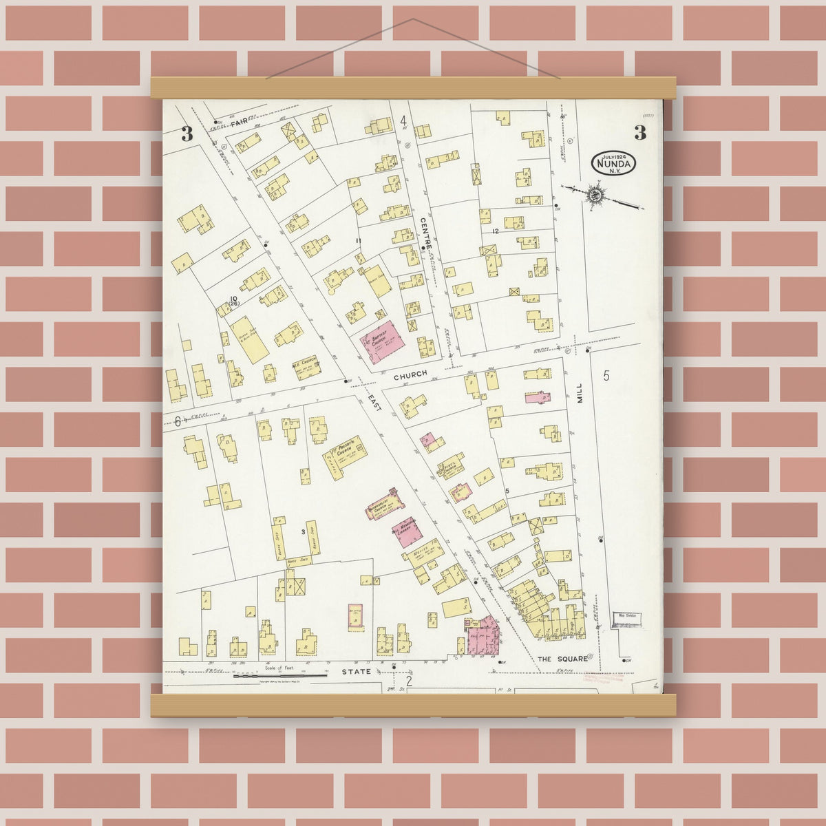 Old map wall art mockup — magnetic wood frame on brick wall — Sanborn Fire Insurance Map from Nunda, Livingston County, New York (1924), Sheet #0003
