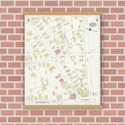 Old map wall art mockup — magnetic wood frame on brick wall — Sanborn Fire Insurance Map from Nunda, Livingston County, New York (1924), Sheet #0003