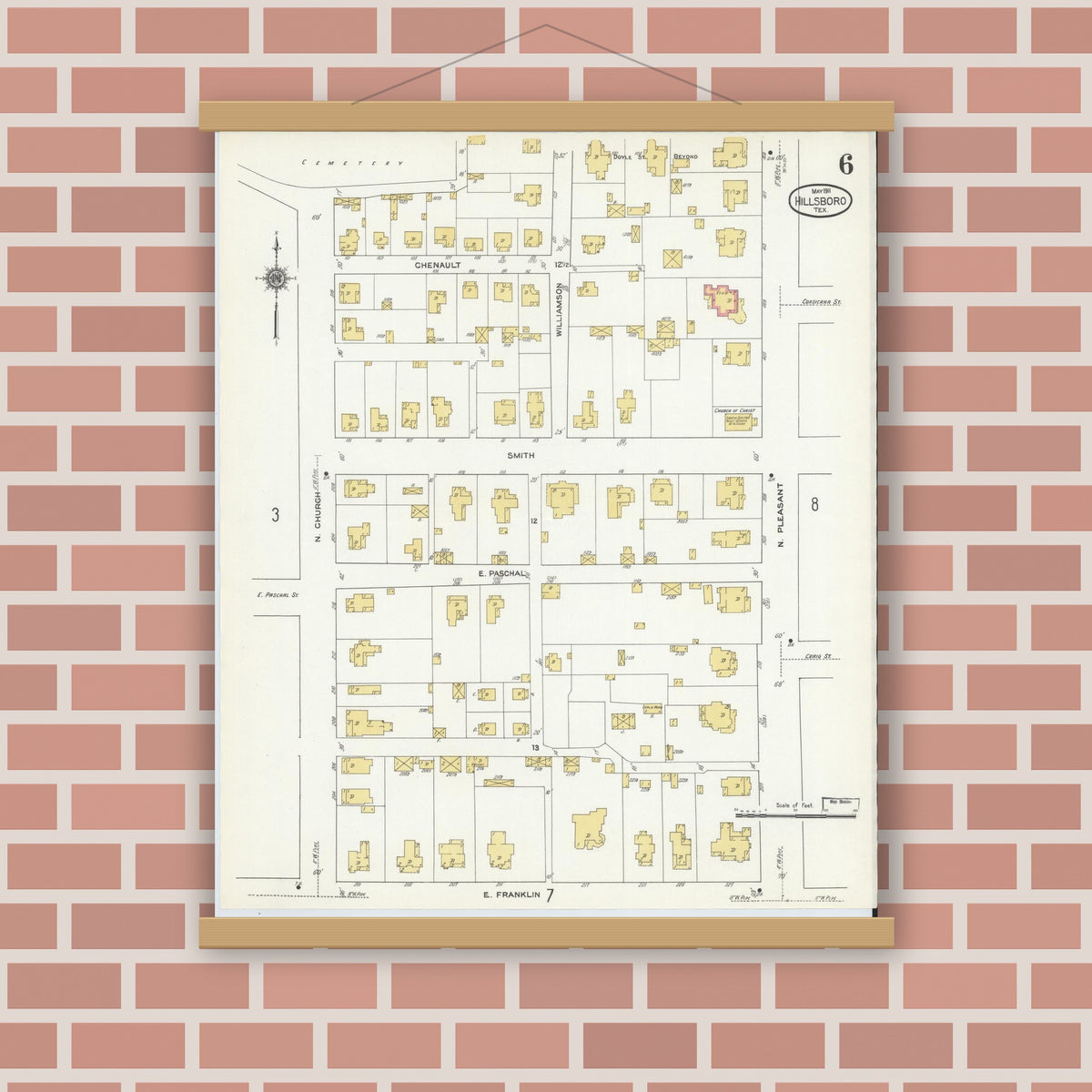 Old map wall art mockup — magnetic wood frame on brick wall — Sanborn Fire Insurance Map from Hillsboro, Hill County, Texas (1911), Sheet #0006