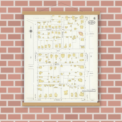 Old map wall art mockup — magnetic wood frame on brick wall — Sanborn Fire Insurance Map from Hillsboro, Hill County, Texas (1911), Sheet #0006
