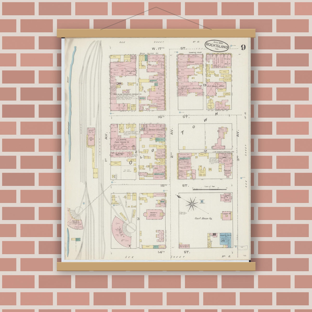 Old map wall art mockup — magnetic wood frame on brick wall — Sanborn Fire Insurance Map from Rock Island, Rock Island County, Illinois (1886), Sheet #0009