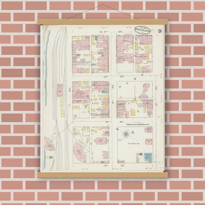 Old map wall art mockup — magnetic wood frame on brick wall — Sanborn Fire Insurance Map from Rock Island, Rock Island County, Illinois (1886), Sheet #0009