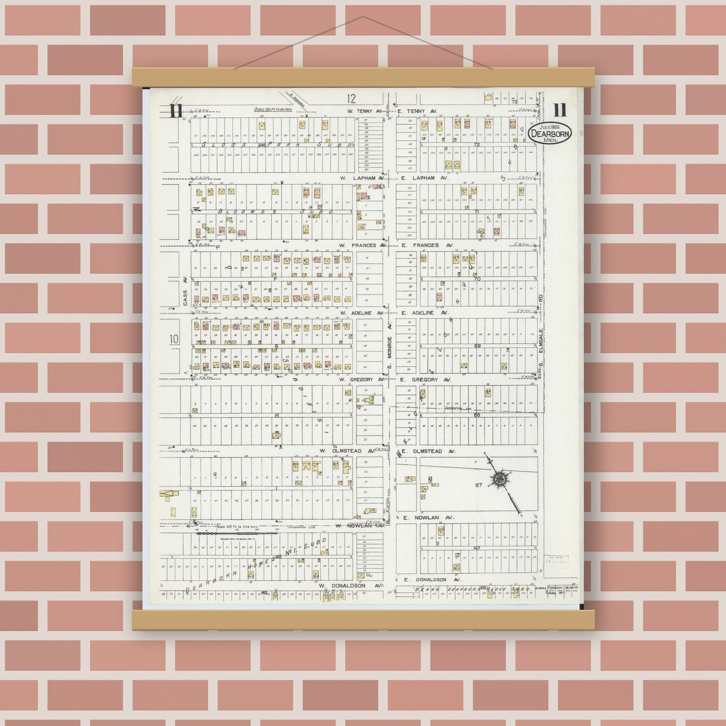 Old map wall art mockup — magnetic wood frame on brick wall — Sanborn Fire Insurance Map from Dearborn, Wayne County, Michigan (1924), Sheet #0011