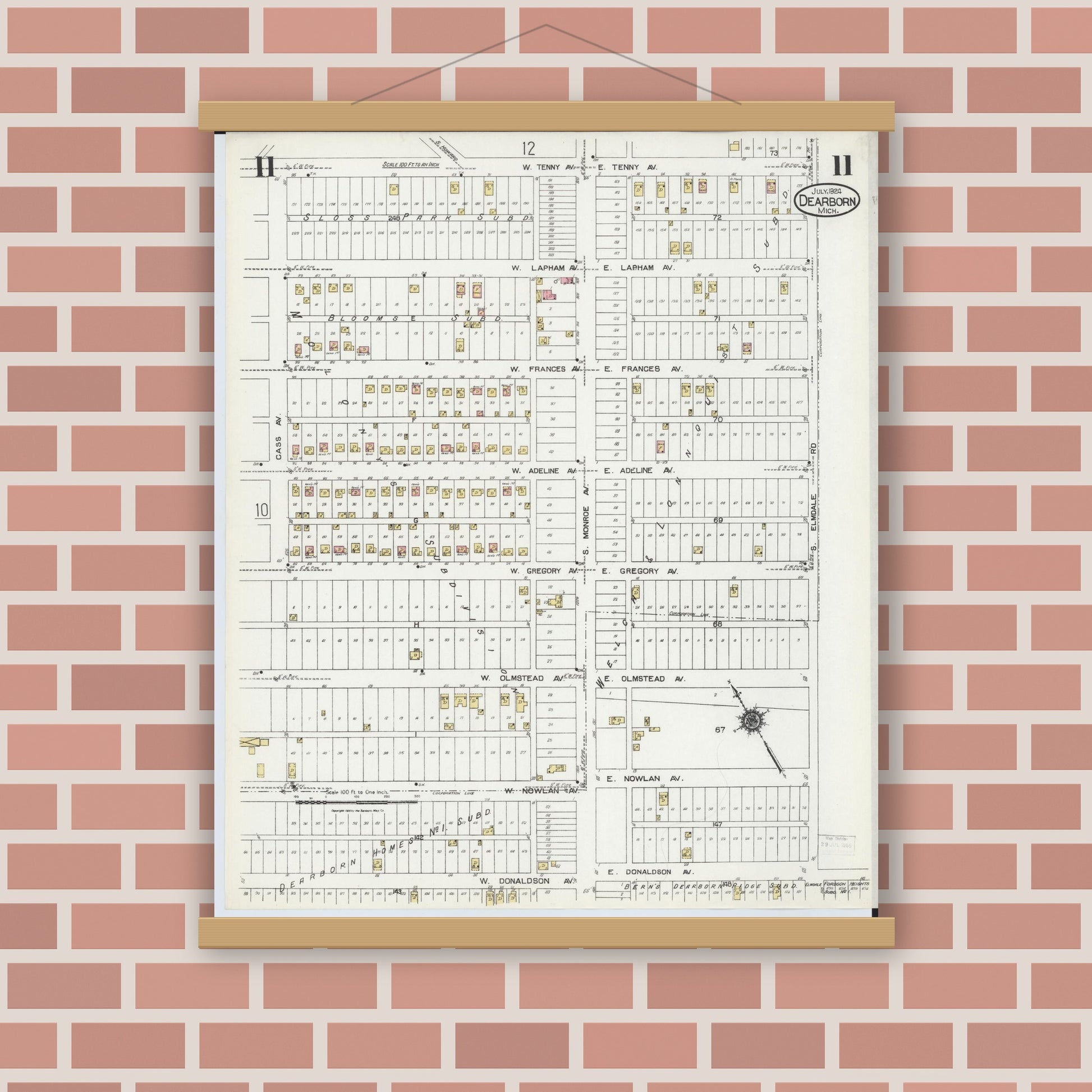 Old map wall art mockup — magnetic wood frame on brick wall — Sanborn Fire Insurance Map from Dearborn, Wayne County, Michigan (1924), Sheet #0011