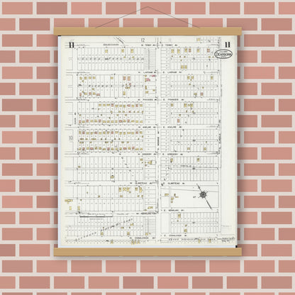 Old map wall art mockup — magnetic wood frame on brick wall — Sanborn Fire Insurance Map from Dearborn, Wayne County, Michigan (1924), Sheet #0011