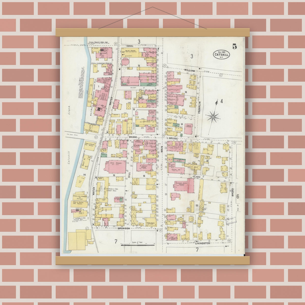 Old map wall art mockup — magnetic wood frame on brick wall — Sanborn Fire Insurance Map from Catskill, Greene County, New York (1903), Sheet #0005
