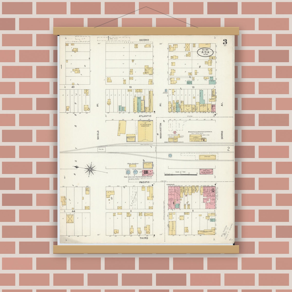 Old map wall art mockup — magnetic wood frame on brick wall — Sanborn Fire Insurance Map from Ada, Norman County, Minnesota (1904), Sheet #0003