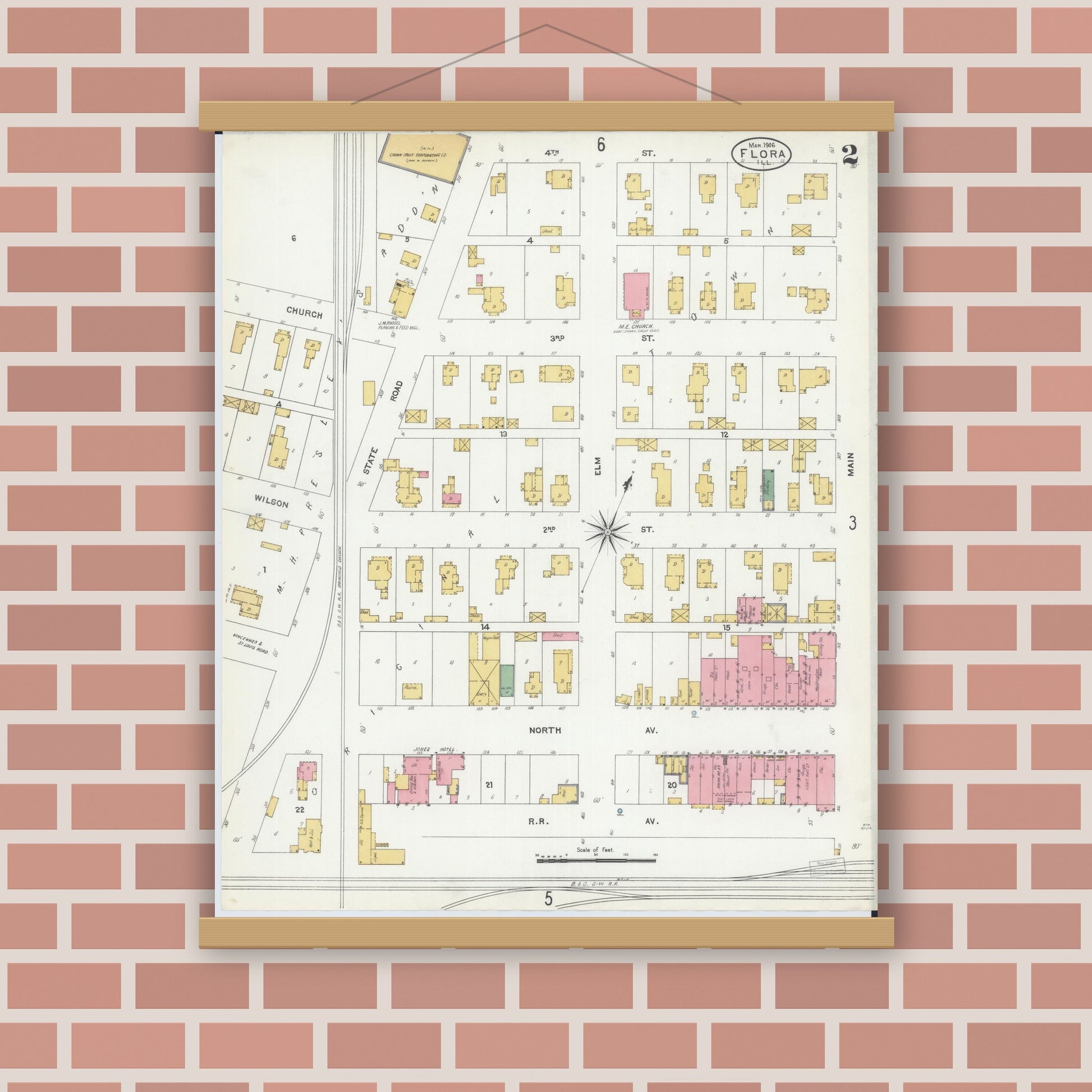 Old map wall art mockup — magnetic wood frame on brick wall — Sanborn Fire Insurance Map from Flora, Clay County, Illinois (1906), Sheet #0002