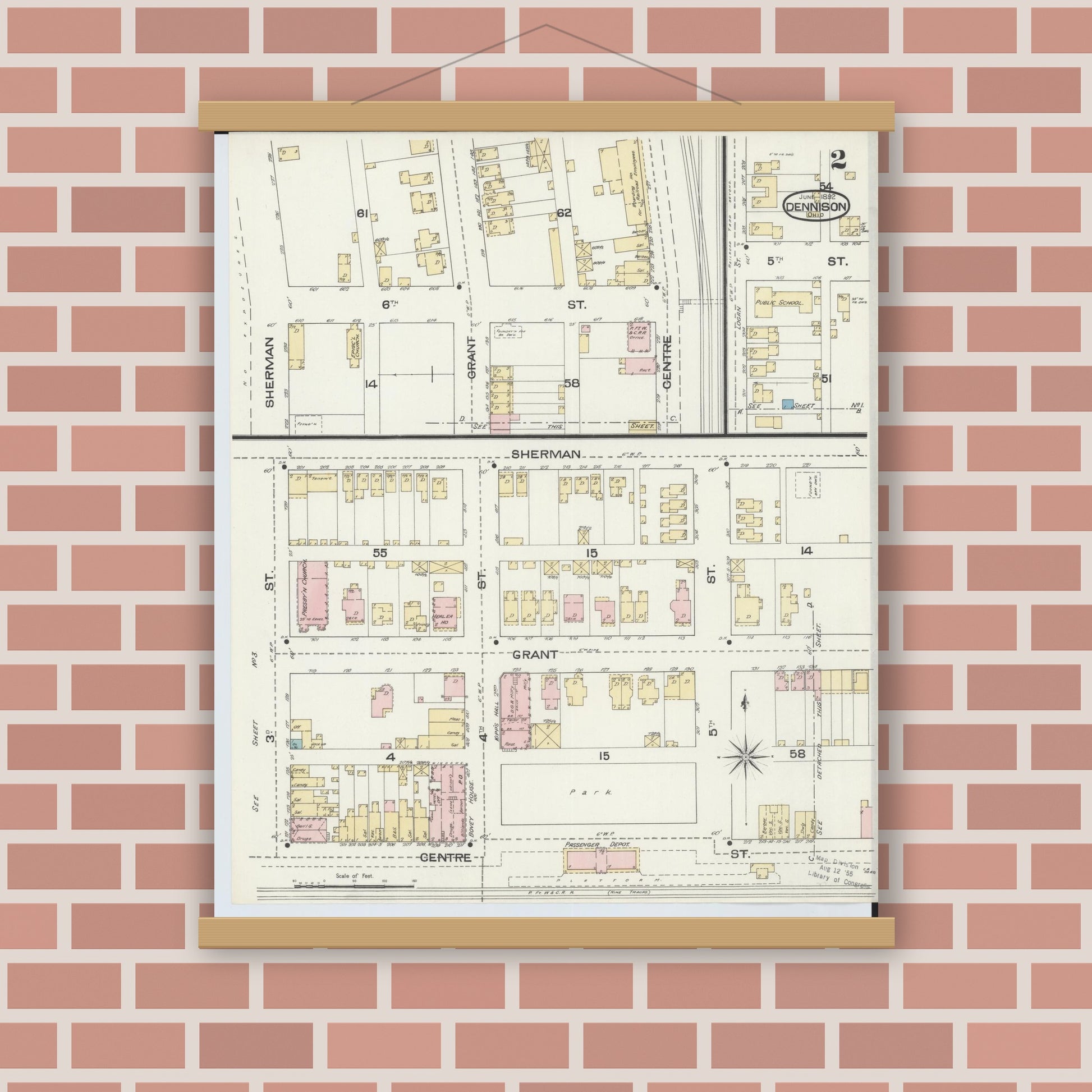 Old map wall art mockup — magnetic wood frame on brick wall — Sanborn Fire Insurance Map from Dennison, Tuscarawas County, Ohio (1892), Sheet #0002