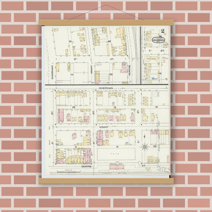Old map wall art mockup — magnetic wood frame on brick wall — Sanborn Fire Insurance Map from Dennison, Tuscarawas County, Ohio (1892), Sheet #0002