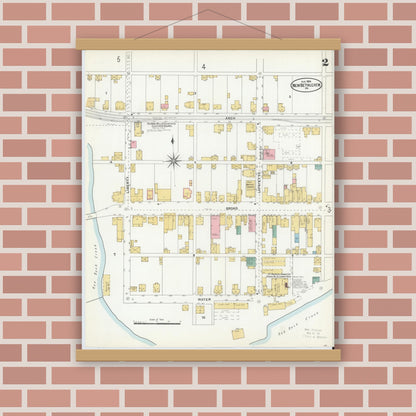 Old map wall art mockup — magnetic wood frame on brick wall — Sanborn Fire Insurance Map from New Bethlehem, Clarion County, Pennsylvania (1904), Sheet #0002