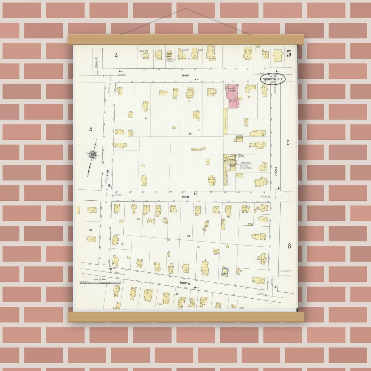 Old map wall art mockup — magnetic wood frame on brick wall — Sanborn Fire Insurance Map from Shortsville, Ontario County, New York (1911), Sheet #0005