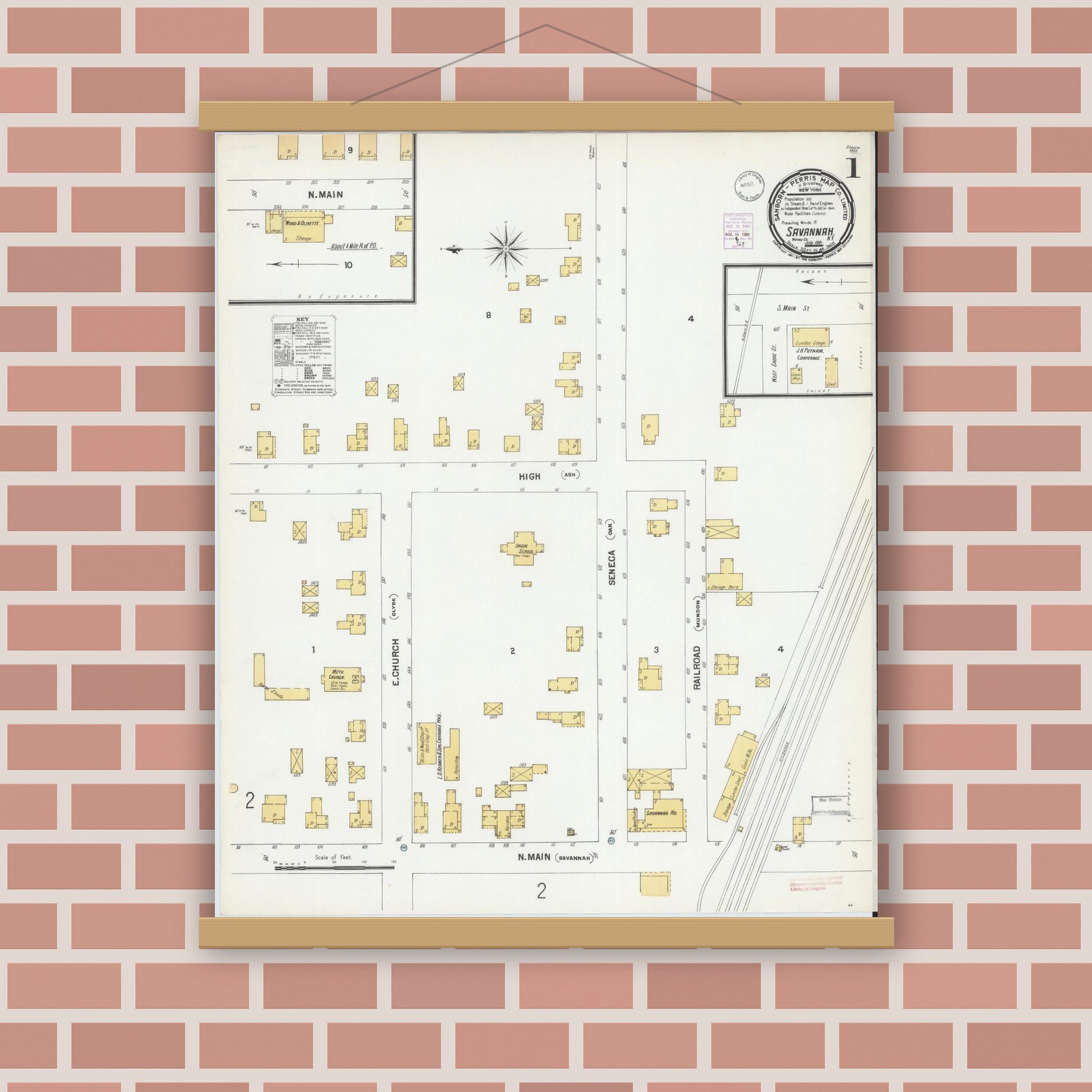 Old map wall art mockup — magnetic wood frame on brick wall — Sanborn Fire Insurance Map from Savannah, Wayne County, New York (1901) - Complete Map Set
