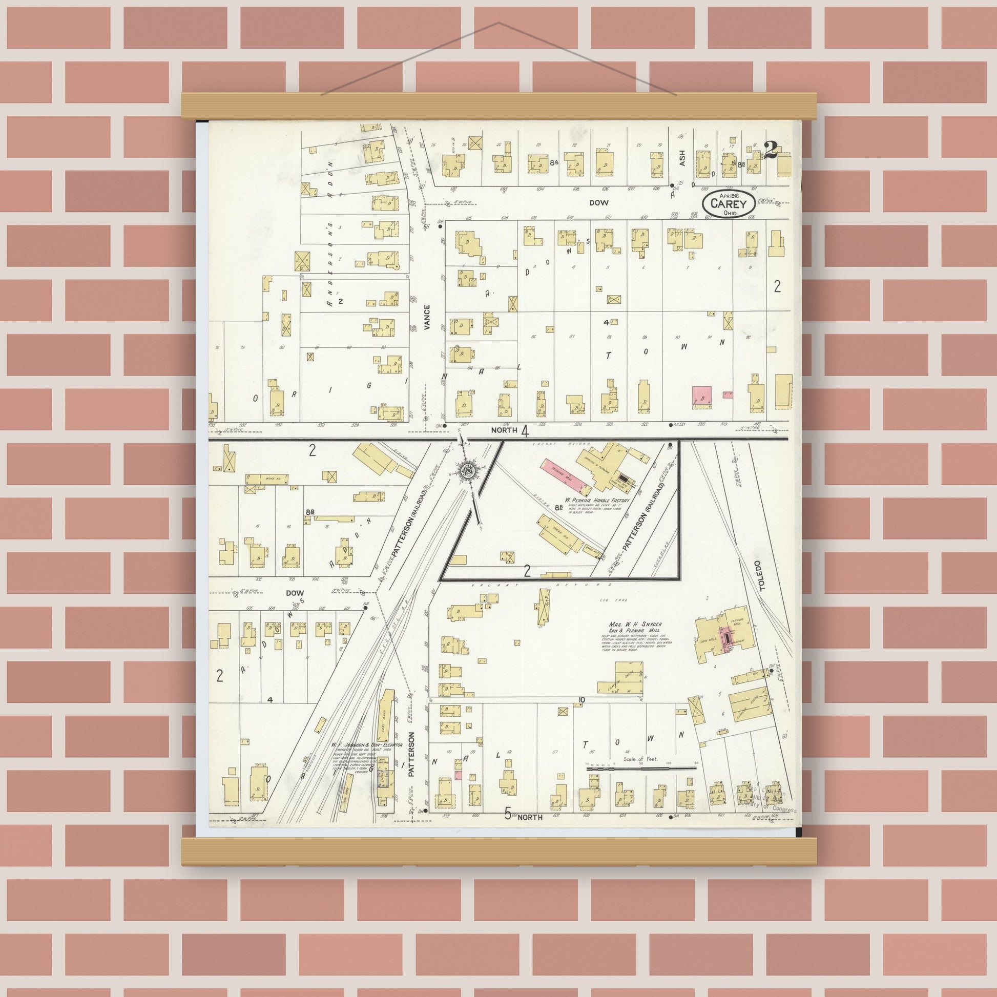 Old map wall art mockup — magnetic wood frame on brick wall — Sanborn Fire Insurance Map from Carey, Wyandot County, Ohio (1916), Sheet #0002