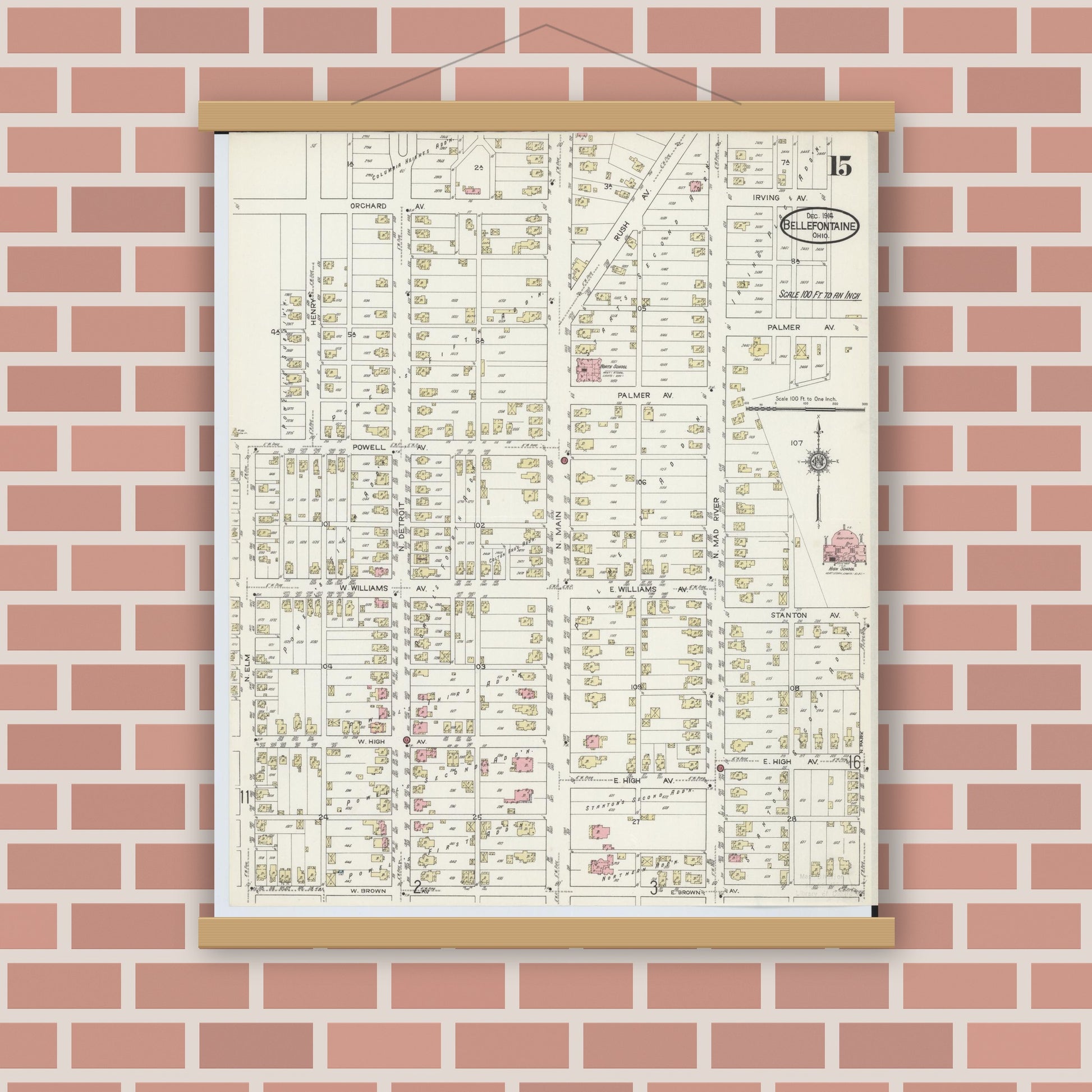 Old map wall art mockup — magnetic wood frame on brick wall — Sanborn Fire Insurance Map from Bellefontaine, Logan County, Ohio (1914), Sheet #0015