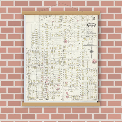 Old map wall art mockup — magnetic wood frame on brick wall — Sanborn Fire Insurance Map from Bellefontaine, Logan County, Ohio (1914), Sheet #0015