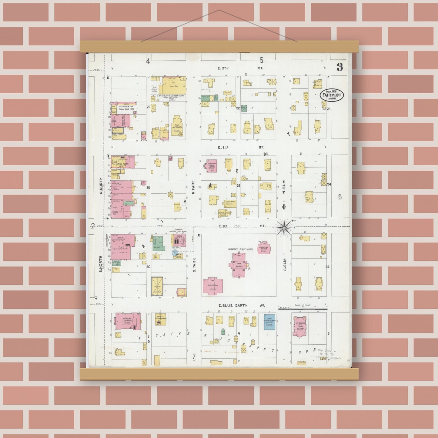 Old map wall art mockup — magnetic wood frame on brick wall — Sanborn Fire Insurance Map from Fairmont, Martin County, Minnesota (1905), Sheet #0003